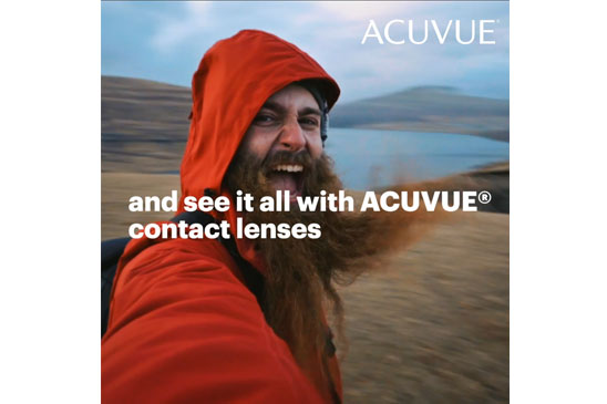 Man with a beard hiking in the mountains, go have an adventure with ACUVUE contact lenses.